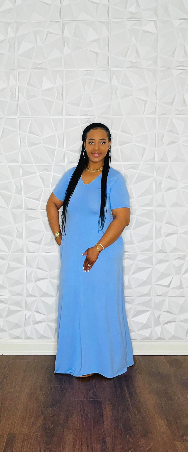 V Neck Short Sleeve Long Maxi Dress w Pockets Spring Blue Mark d Fashion