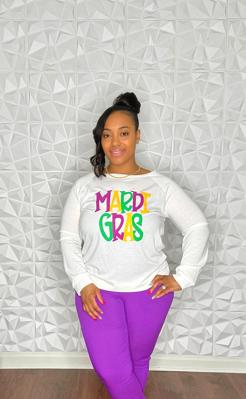 Mardi Gras Graphic Print Sweatshirt (White)